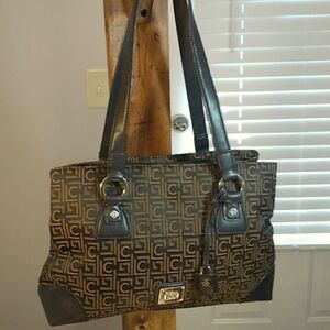 Liz Claiborne Striped Logo Tan Brown Shoulder Handbag Tote Satchel Purse
